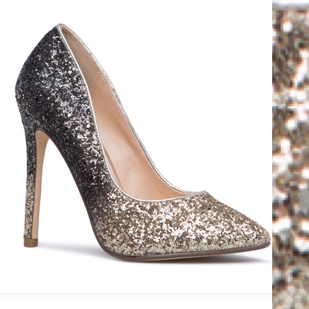 Shoedazzle Teagan Ombre Pump black and gold glitter ombré gradient high heels